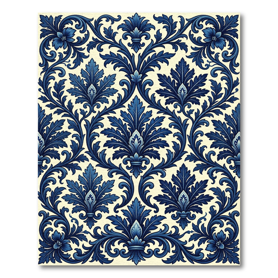Elegant Navy Blue Damask Leaf Scroll Rug