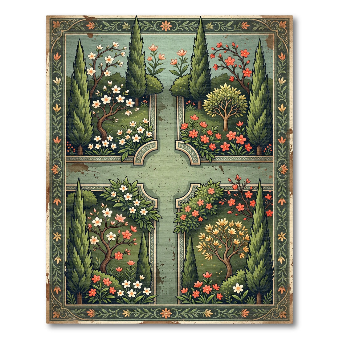 Vintage Sage Botanical Four Quarter Garden Rug