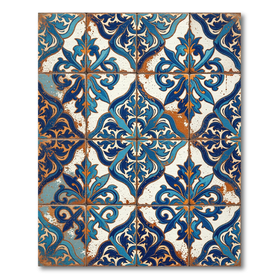 Blue White Orange Floral Arabesque Rug