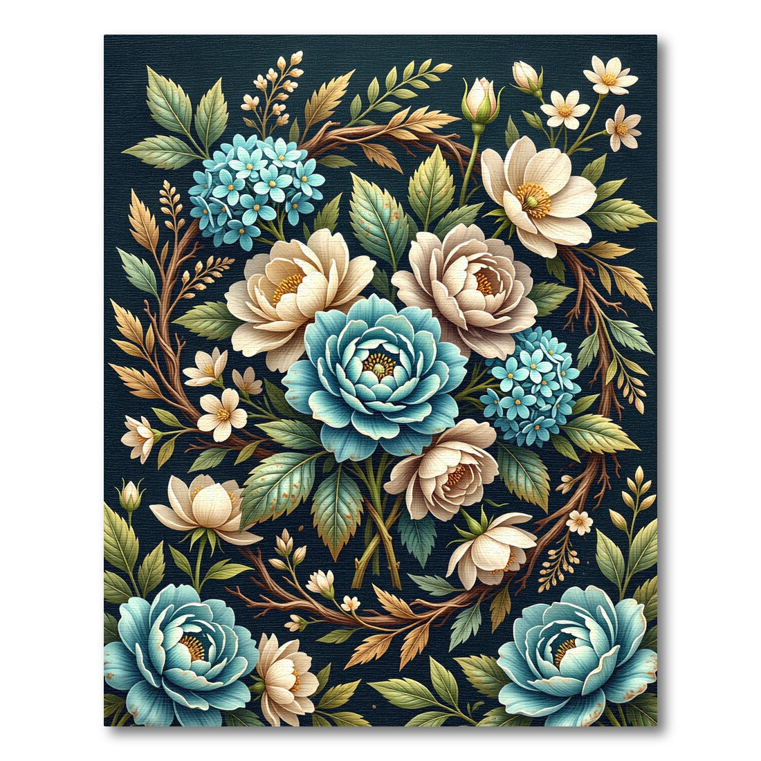 Rich Teal Cream Floral Botanical Wreath Rug