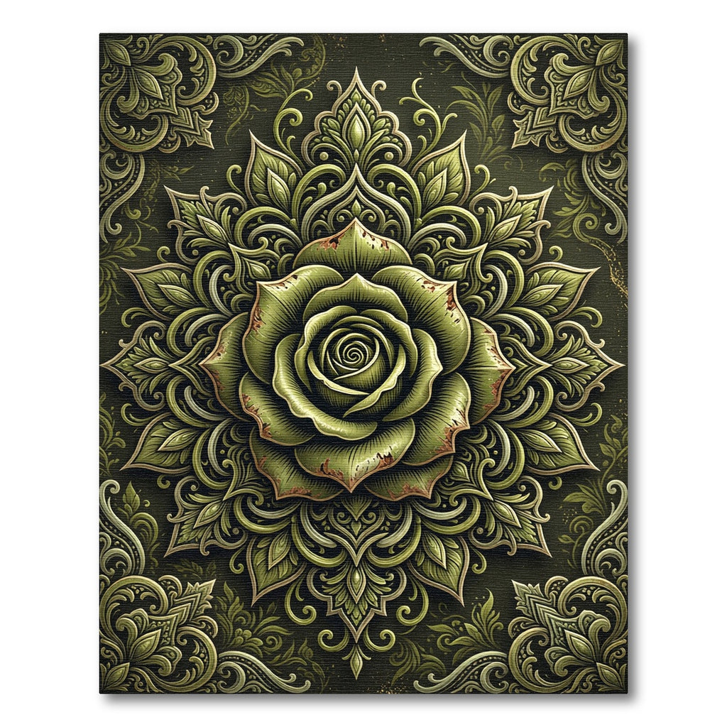 Aged Olive Rose Botanical Medallion Rug