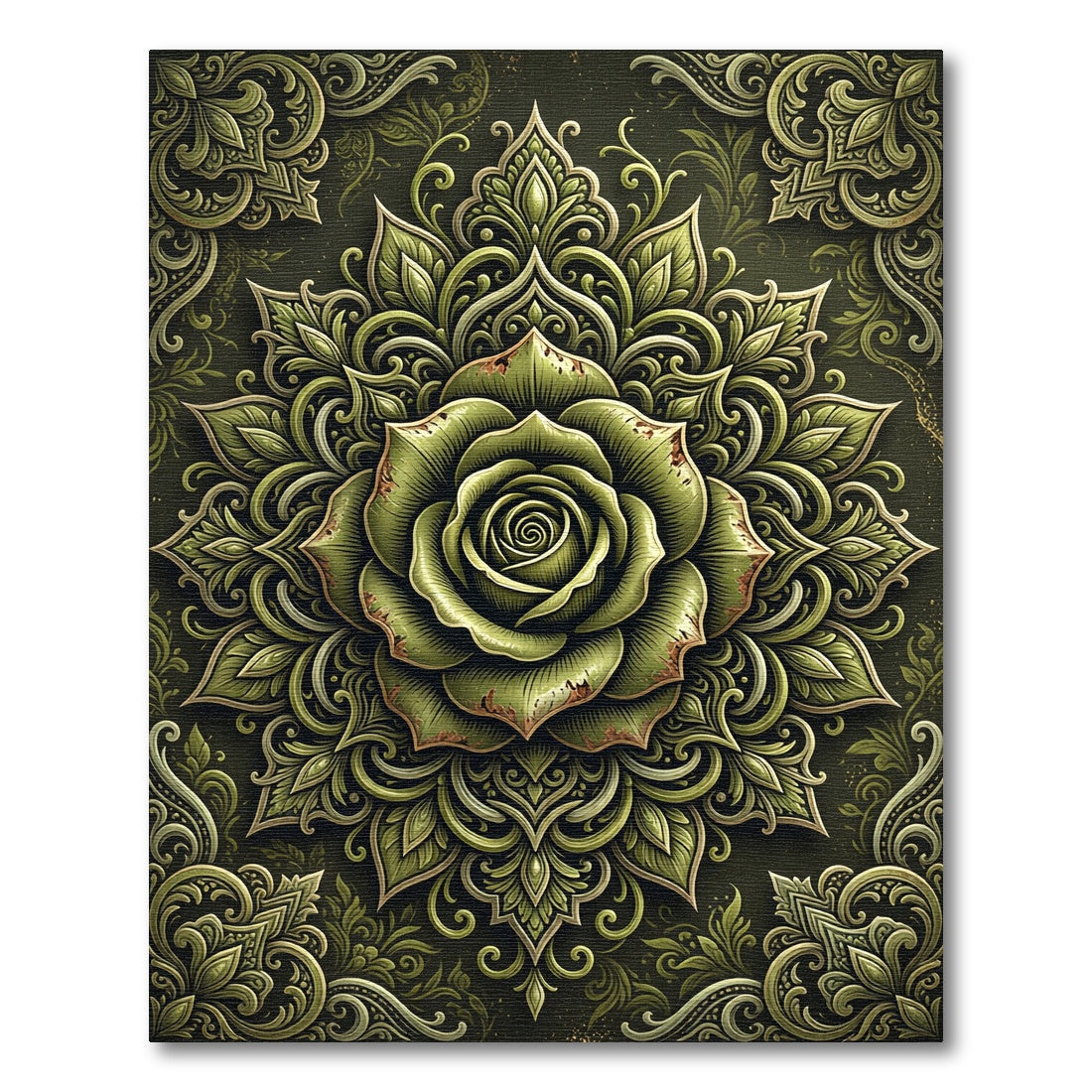 Aged Olive Rose Botanical Medallion Rug