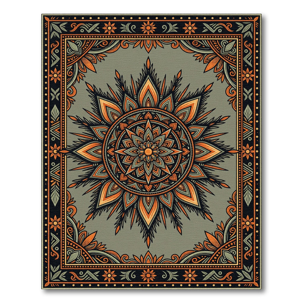 Earthy Orange Sage Mandala Sun Medallion Rug