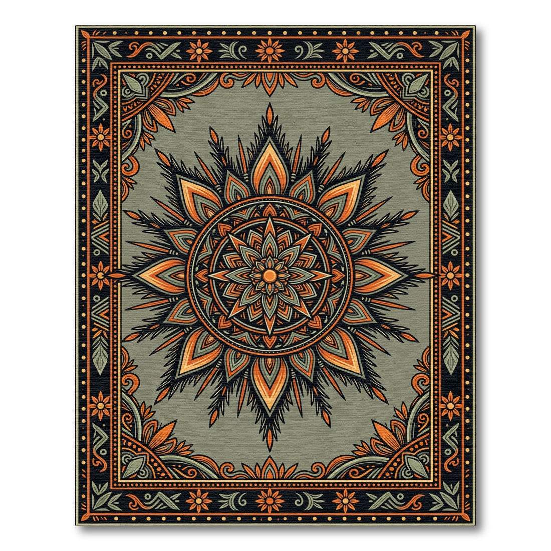 Earthy Orange Sage Mandala Sun Medallion Rug