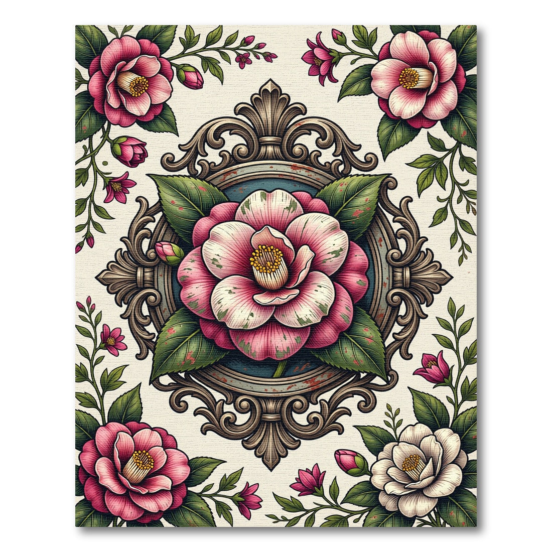 Vintage Pink Camellia Ornate Medallion Rug