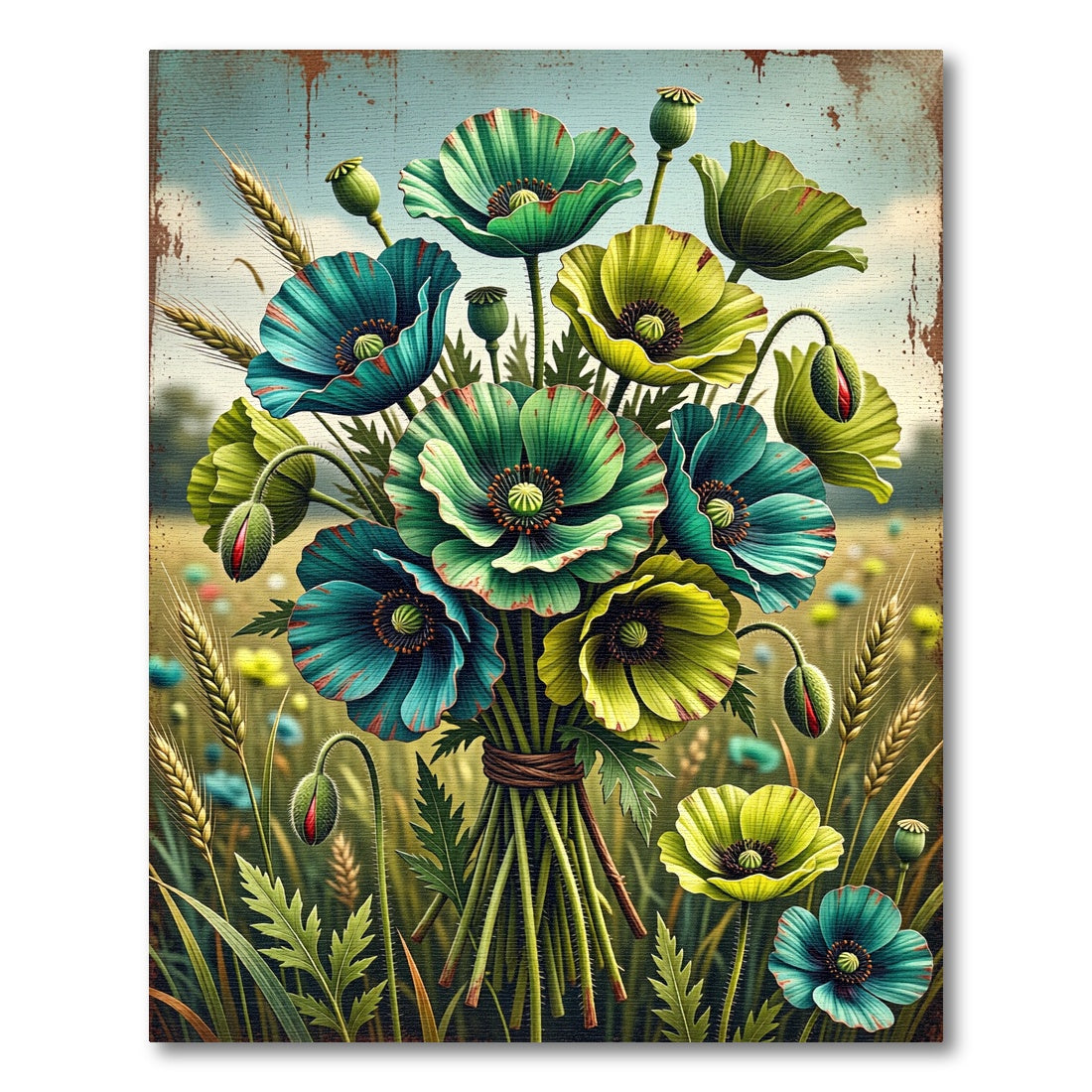 Teal and Lime Poppies Floral Bouquet Rug