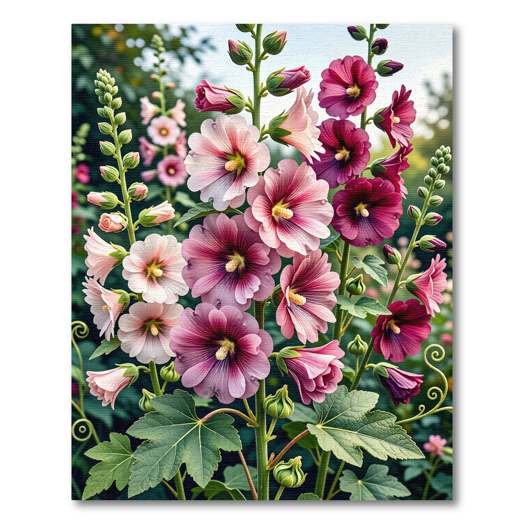Pink Purple Hollyhock Blossom Garden Rug
