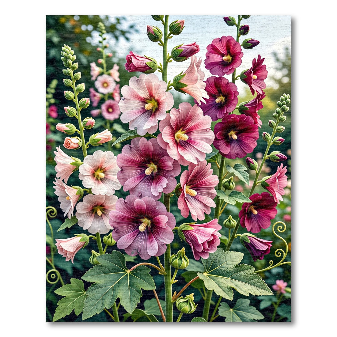 Pink Purple Hollyhock Blossom Garden Rug