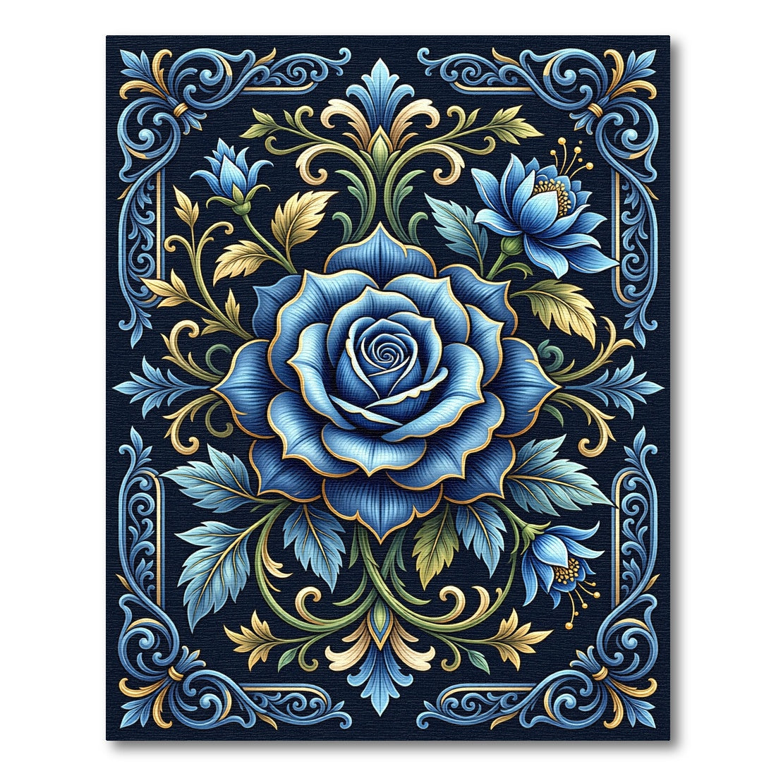 Rich Blue Floral Scrollwork Composition Rug
