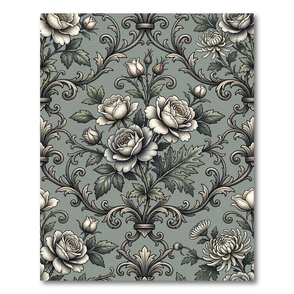 Elegant Sage Damask Rose Floral Rug