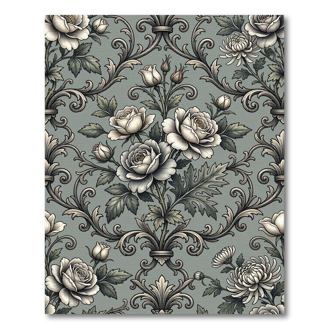 Elegant Sage Damask Rose Floral Rug