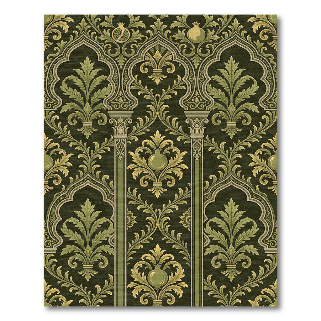 Olive Green Arabesque Pomegranate Scroll Rug