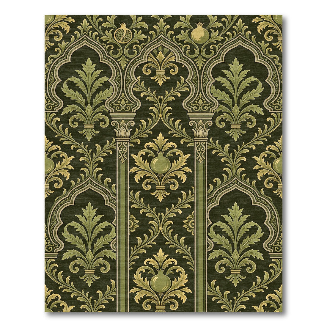 Olive Green Arabesque Pomegranate Scroll Rug