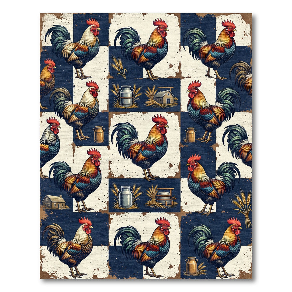 Rustic Rooster Farmhouse Navy Check Rug