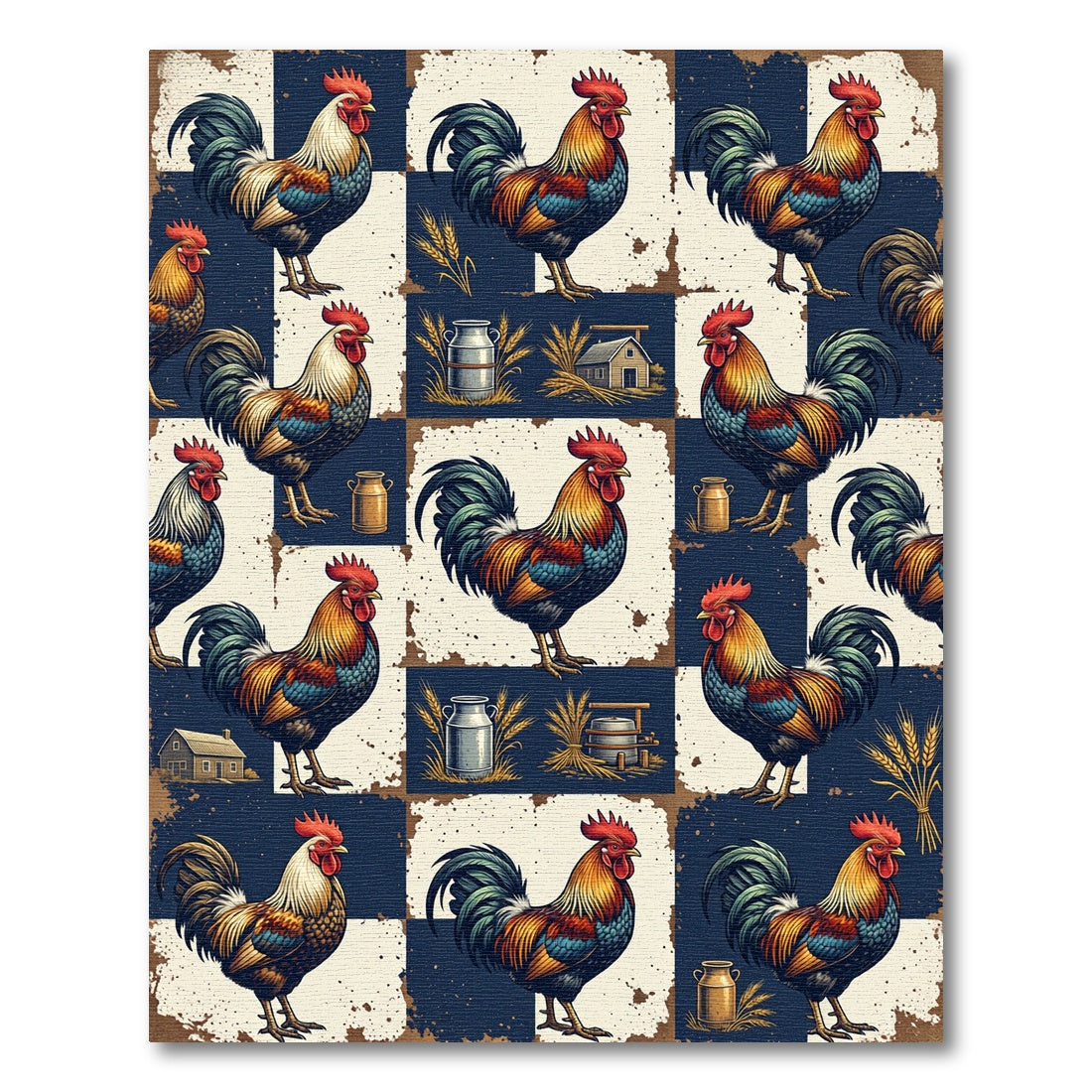 Rustic Rooster Farmhouse Navy Check Rug