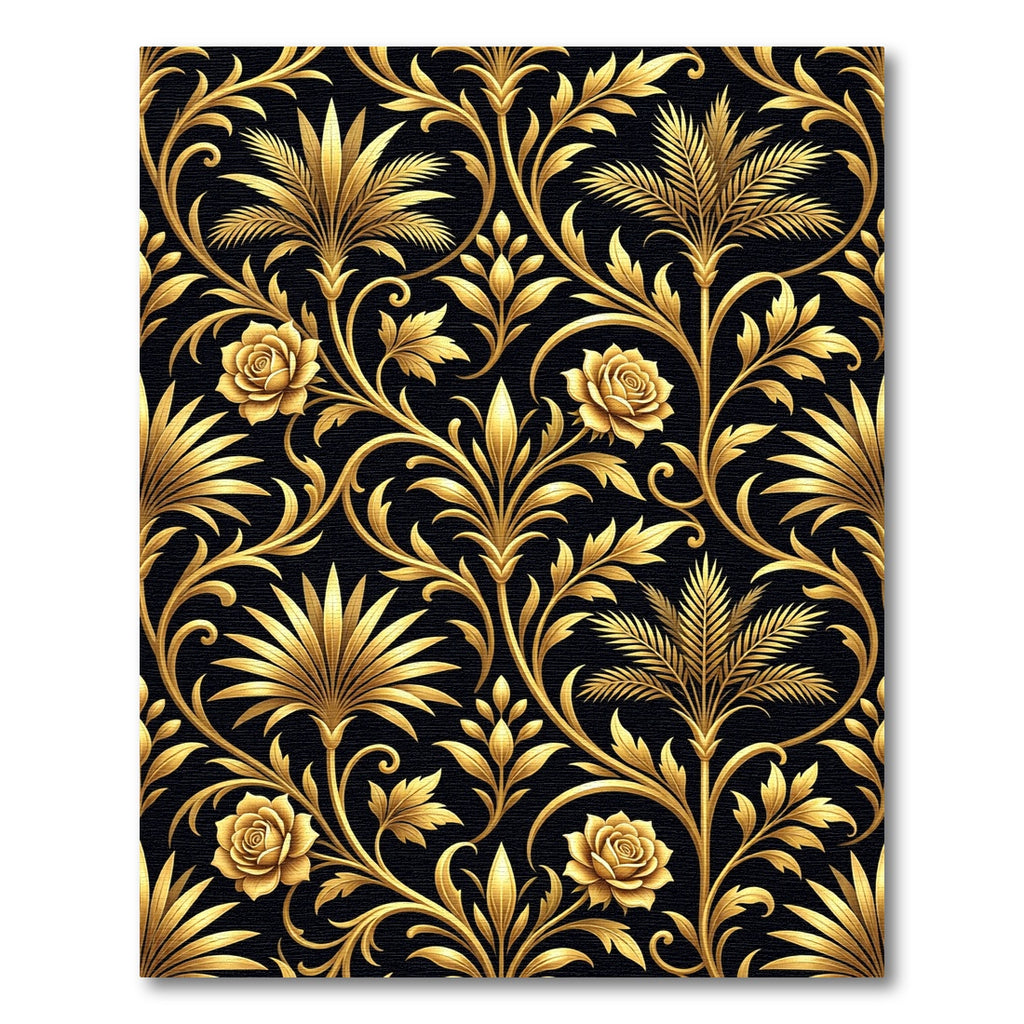 Golden Floral Scrollwork Black Rug
