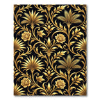 Golden Floral Scrollwork Black Rug