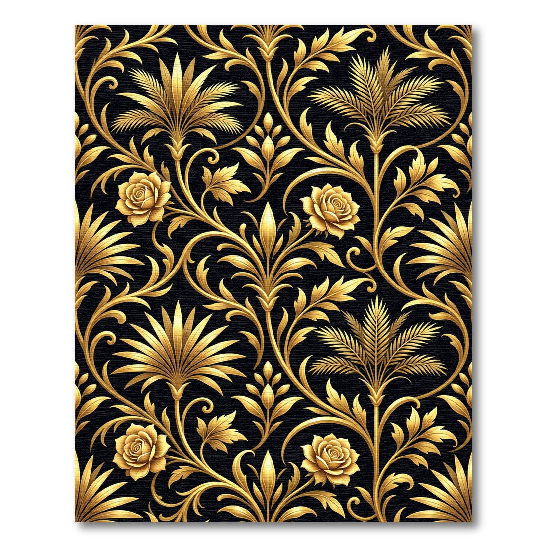 Golden Floral Scrollwork Black Rug