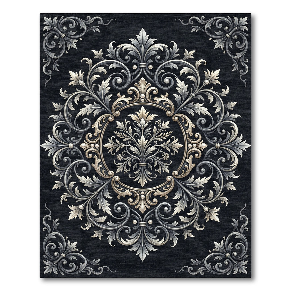 Elegant Silver Scrollwork Medallion Rug