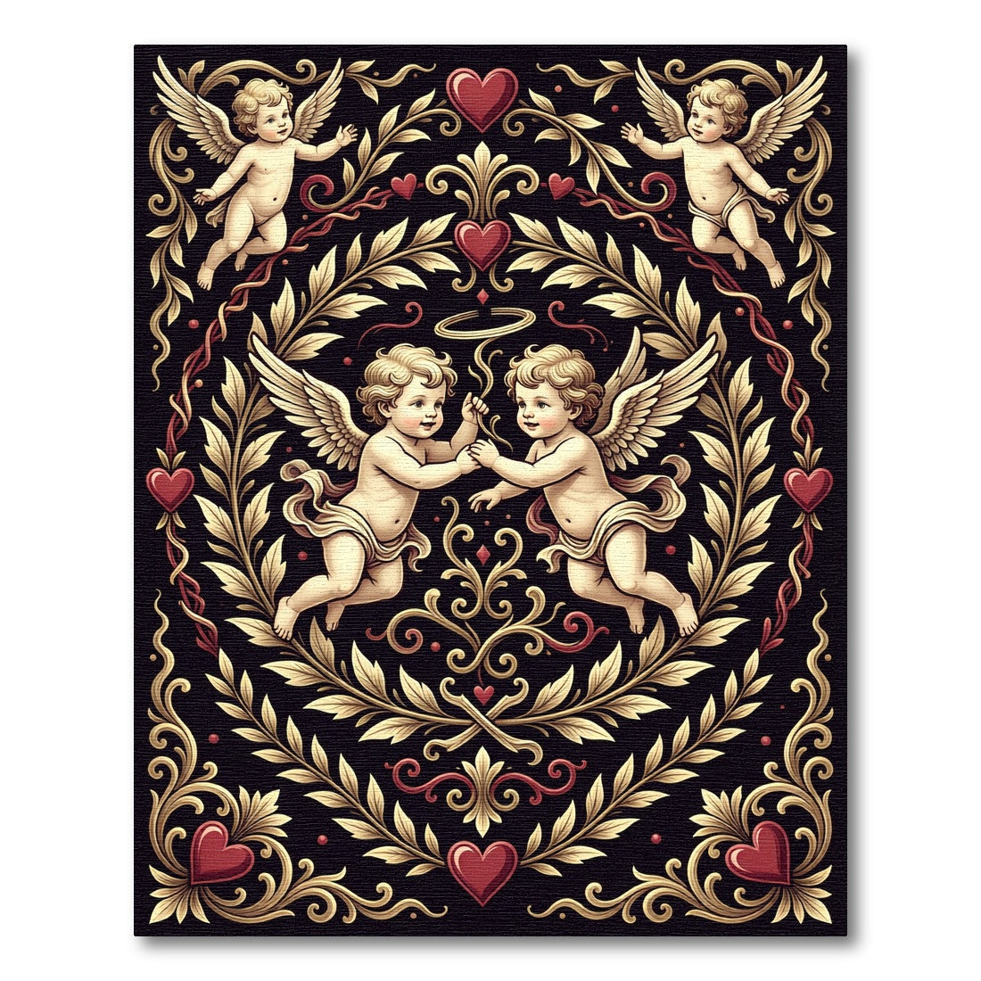 Cherubic Heart Scrollwork Black Rug