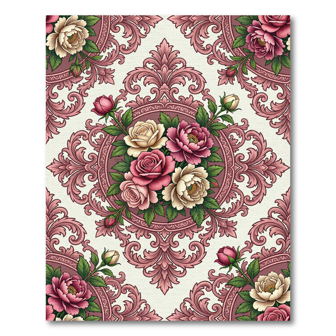 Vintage Rose Medallion Damask Floral Rug