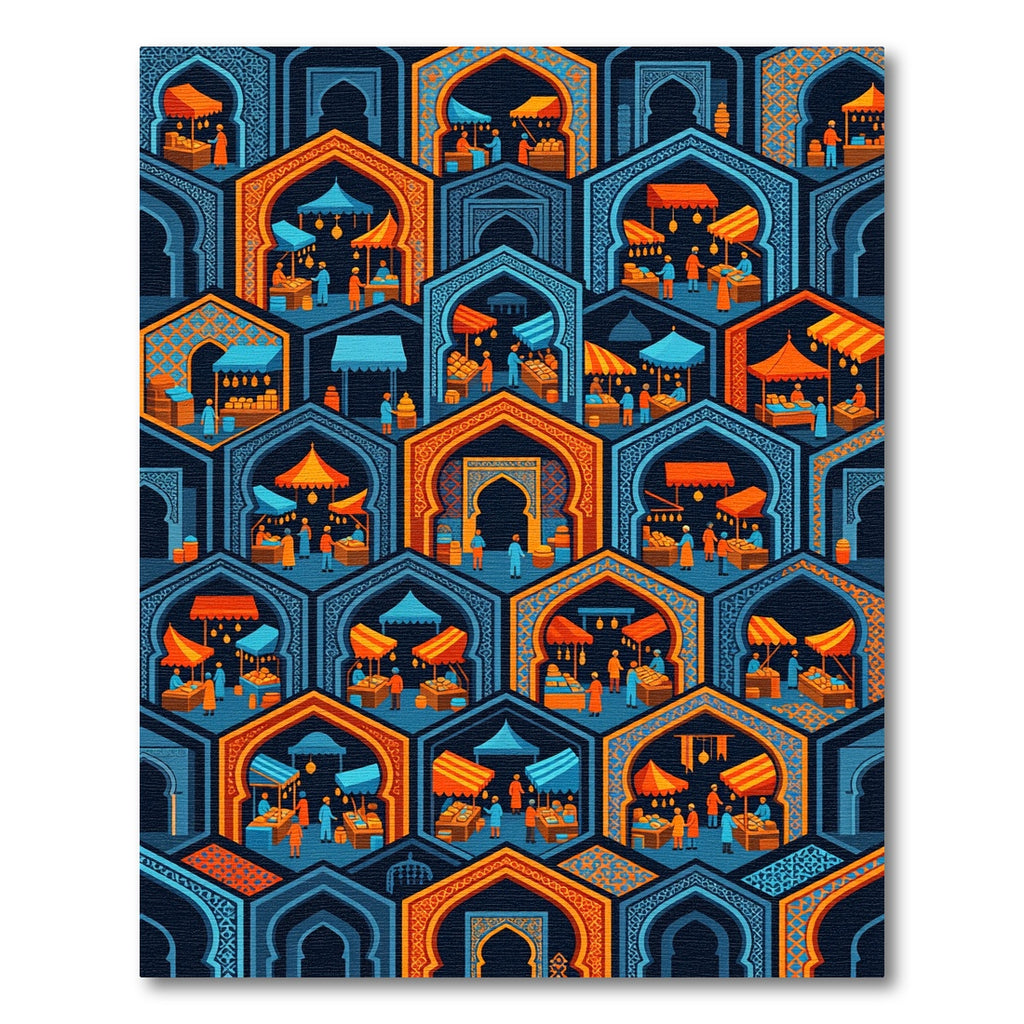 Vibrant Geometric Arch Orange Blue Mosaic Rug