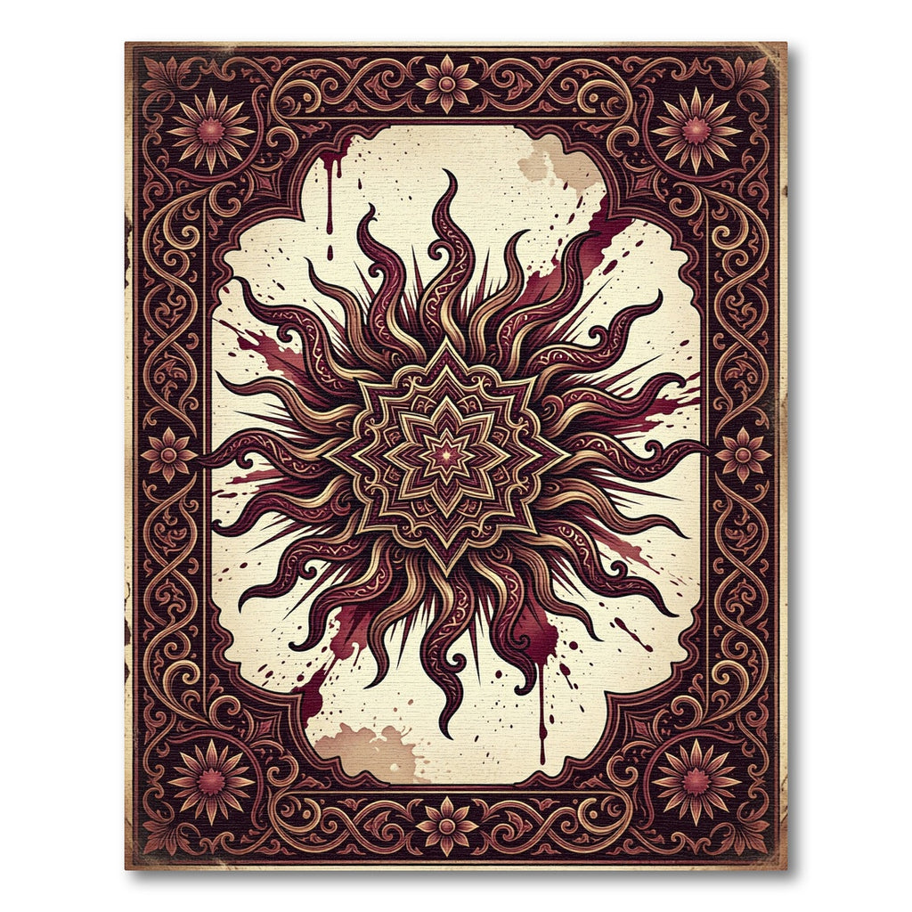 Ornate Crimson Sunburst Mandala Medallion Rug