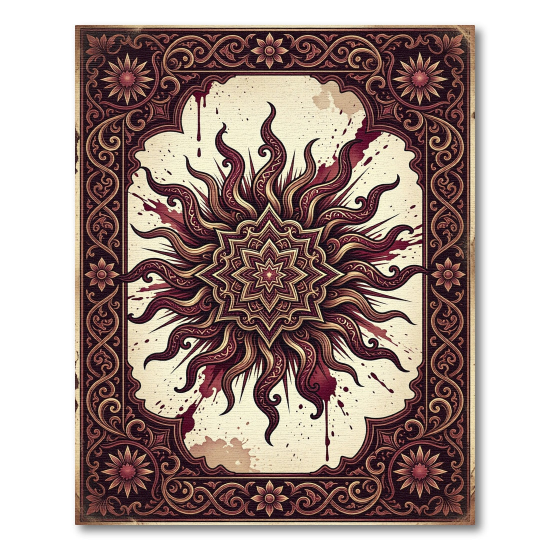 Ornate Crimson Sunburst Mandala Medallion Rug