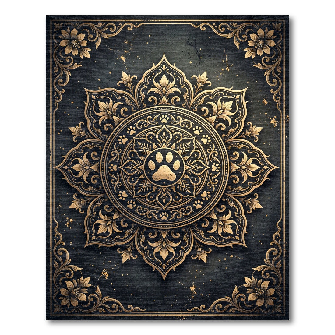 Ornate Gold Paw Mandala Frame Rug