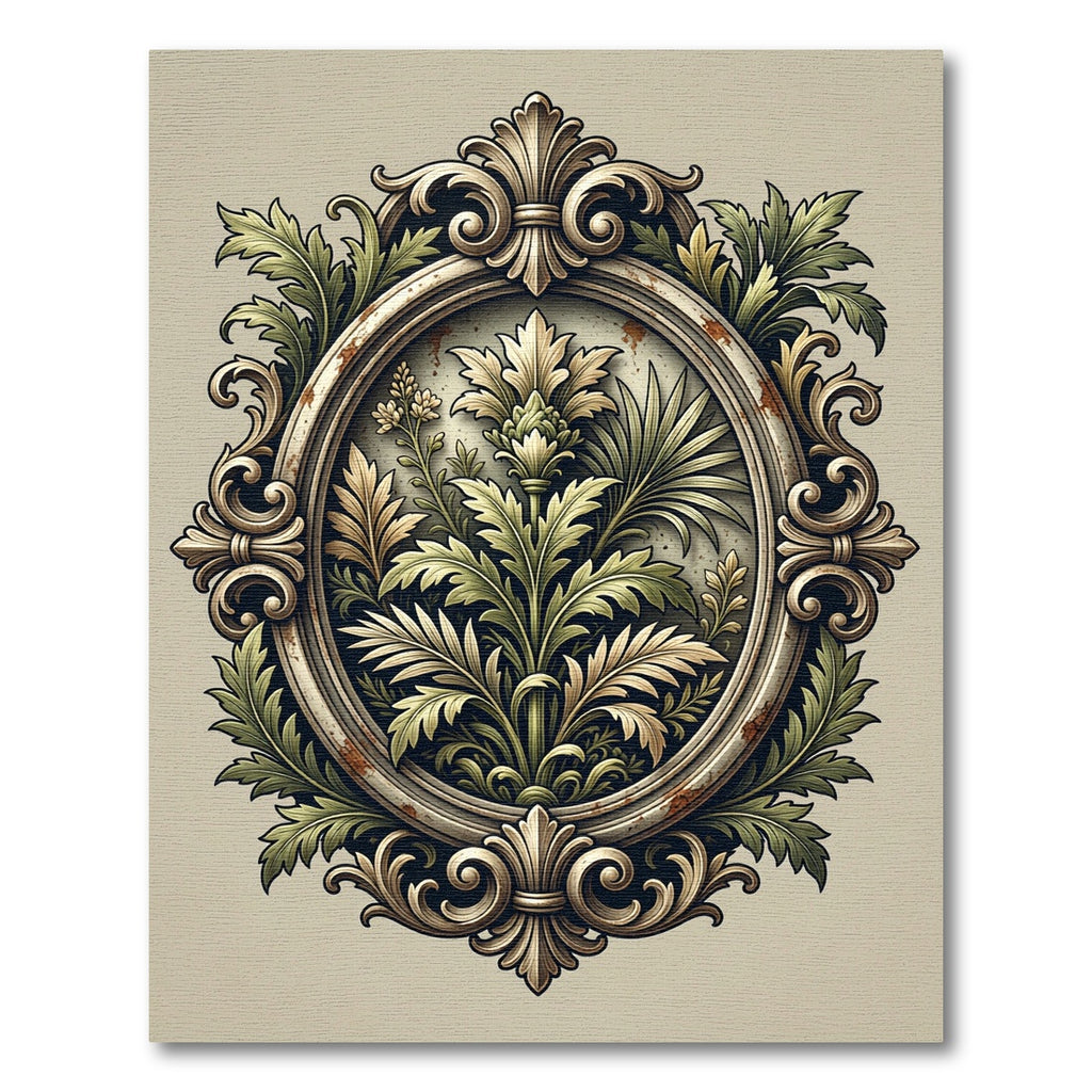 Ornate Green Floral Oval Emblem Rug