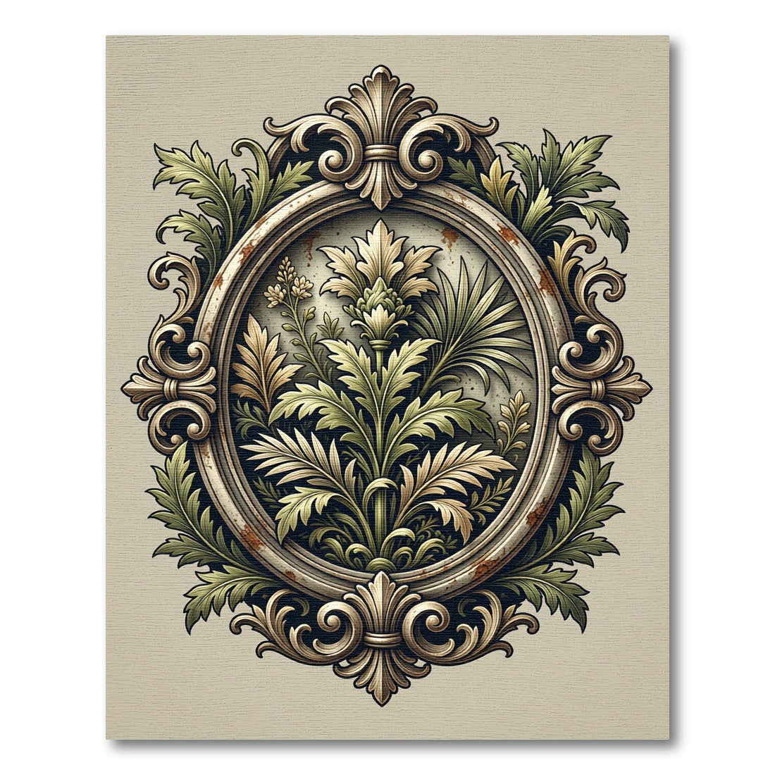 Ornate Green Floral Oval Emblem Rug