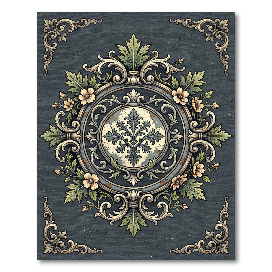 Vintage Gray Floral Baroque Medallion Rug