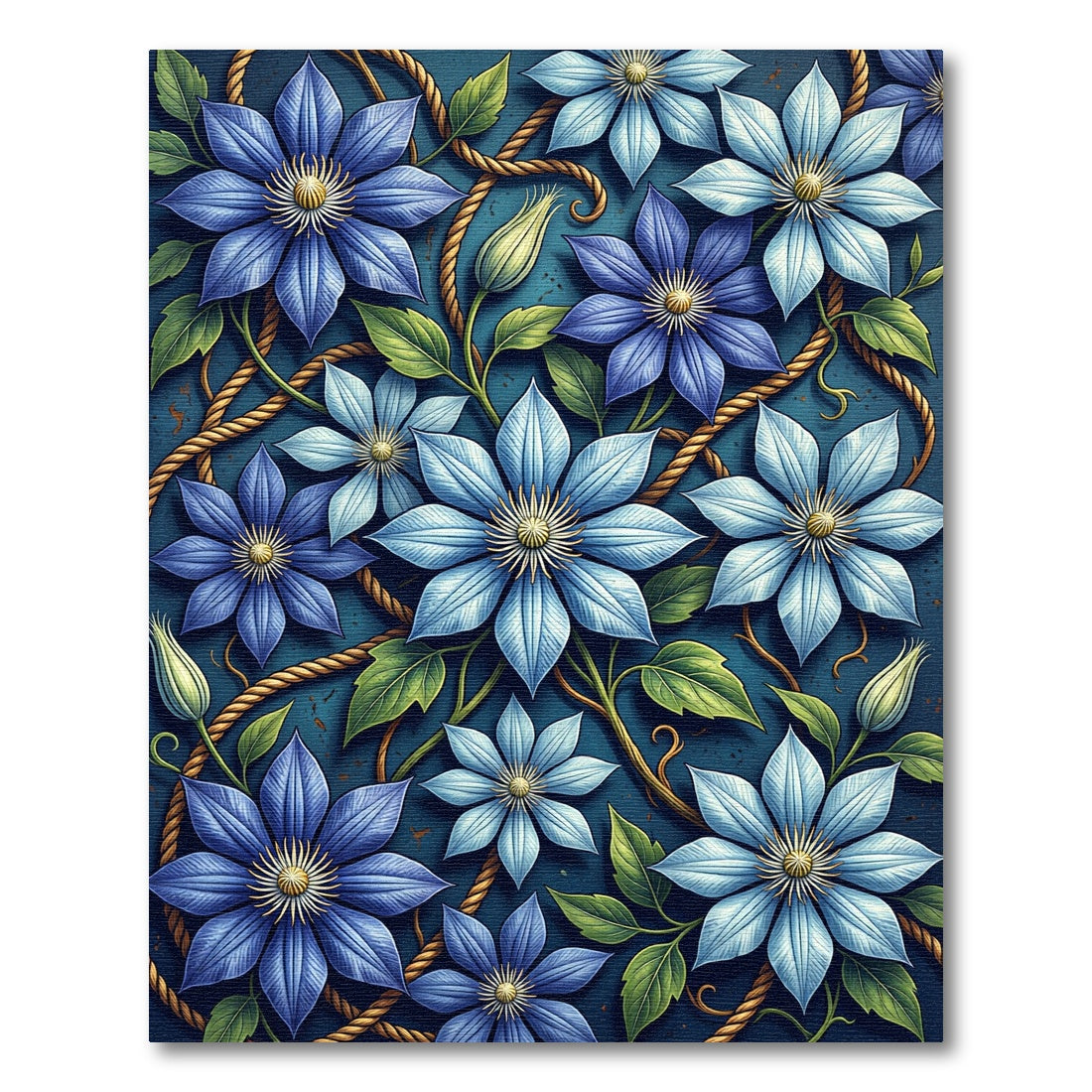 Elegant Blue Clematis Floral Rope Wallpaper Rug