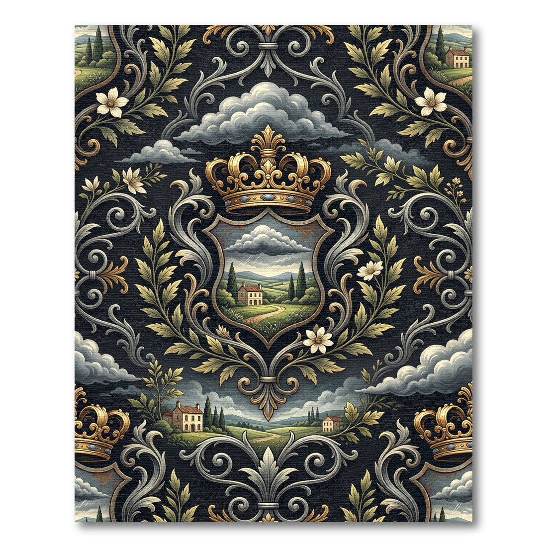 Ornate Gold Crown Crest Landscape Rug