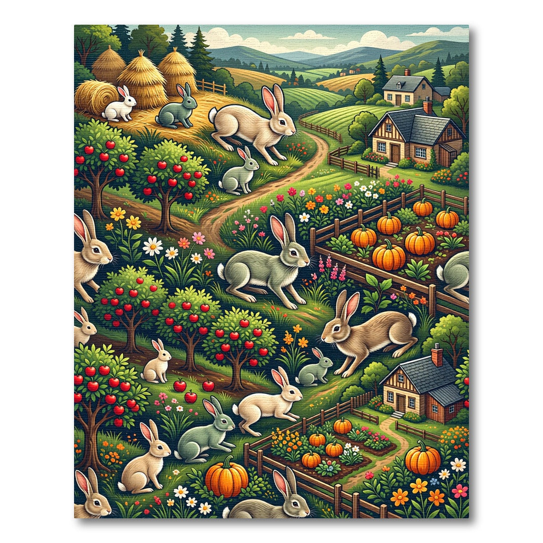 Whimsical Rabbit Farm Meadow Landscape Rug