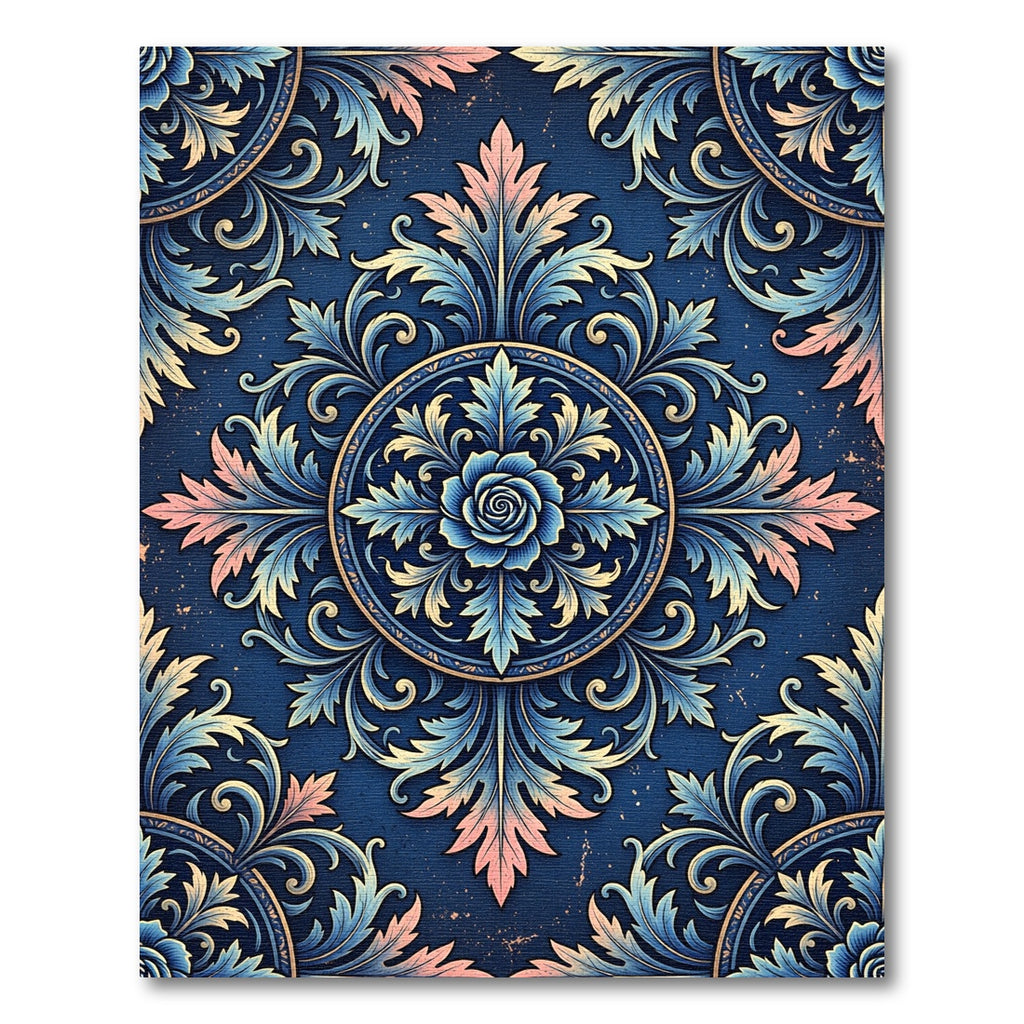 Ethereal Navy Blue Rose Acanthus Medallion Rug