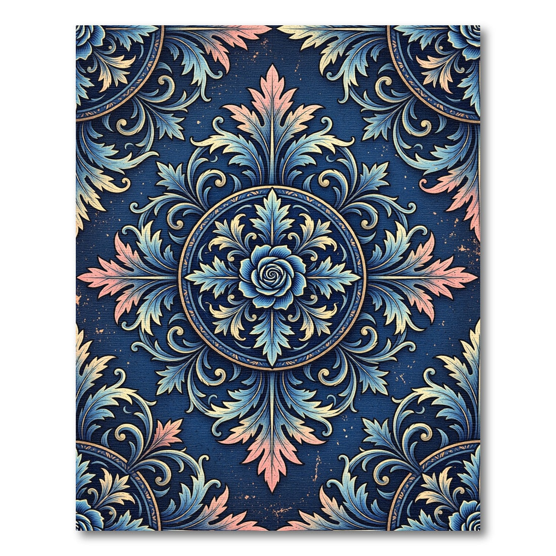 Ethereal Navy Blue Rose Acanthus Medallion Rug