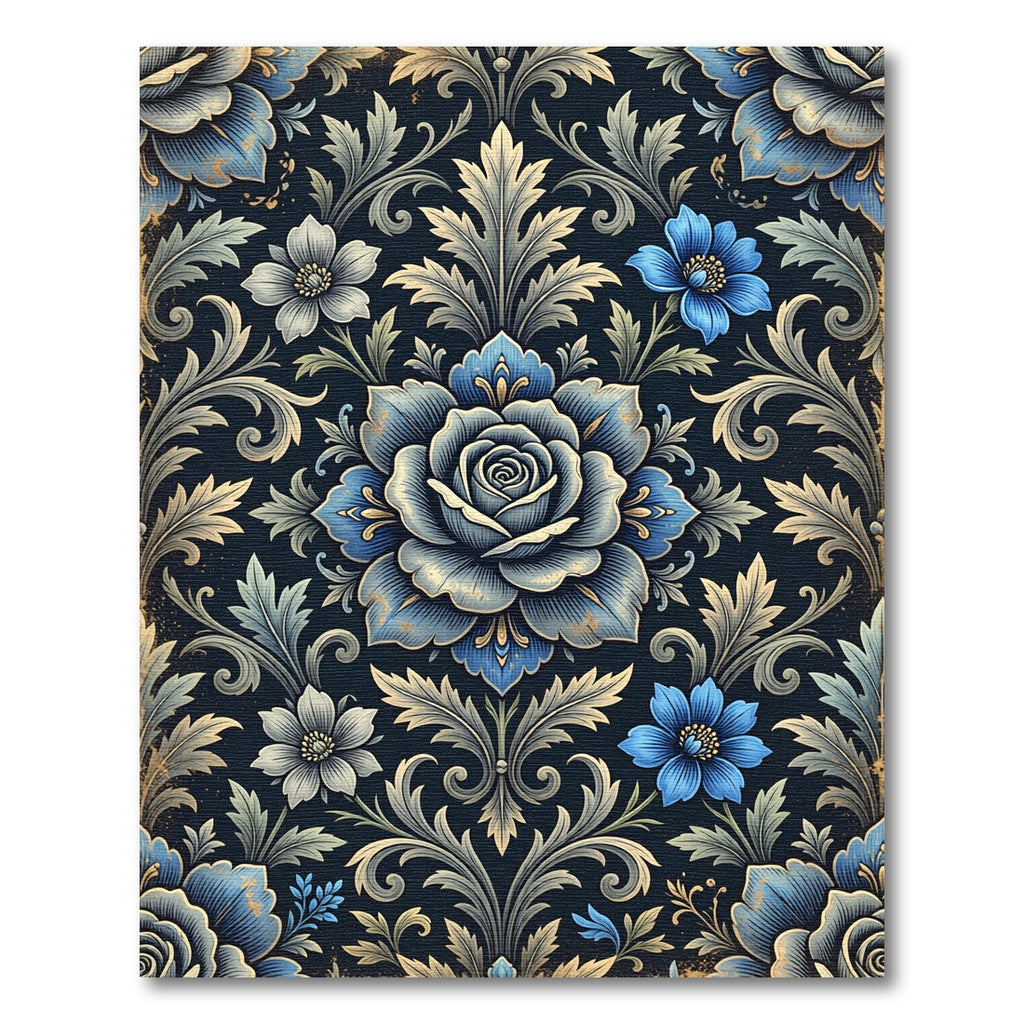 Elegant Blue Rose Damask Floral Rug
