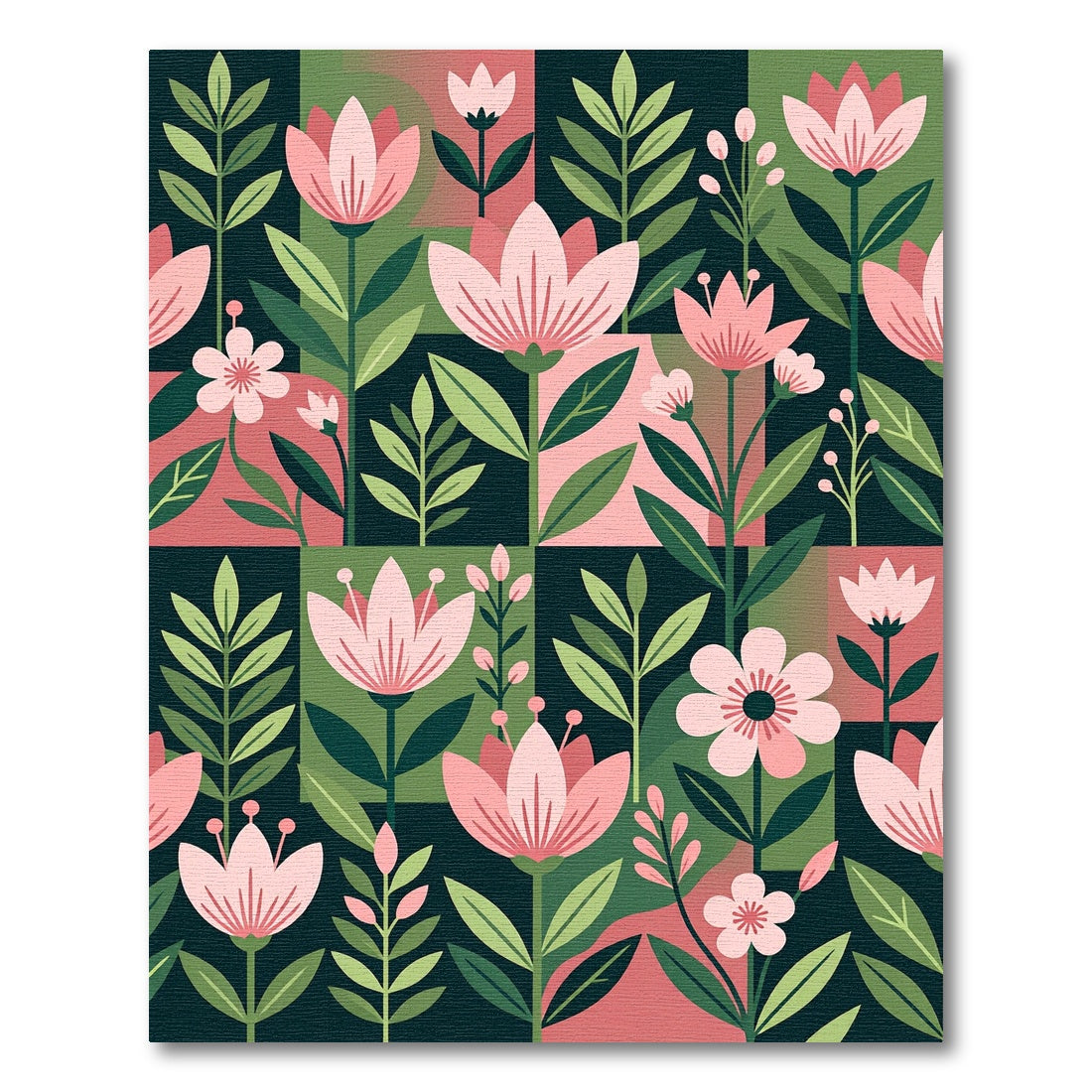 Botanical Pink Floral Dark Green Geometric Rug