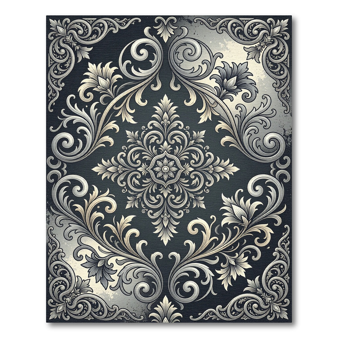 Elegant Charcoal Silver Damask Scroll Rug