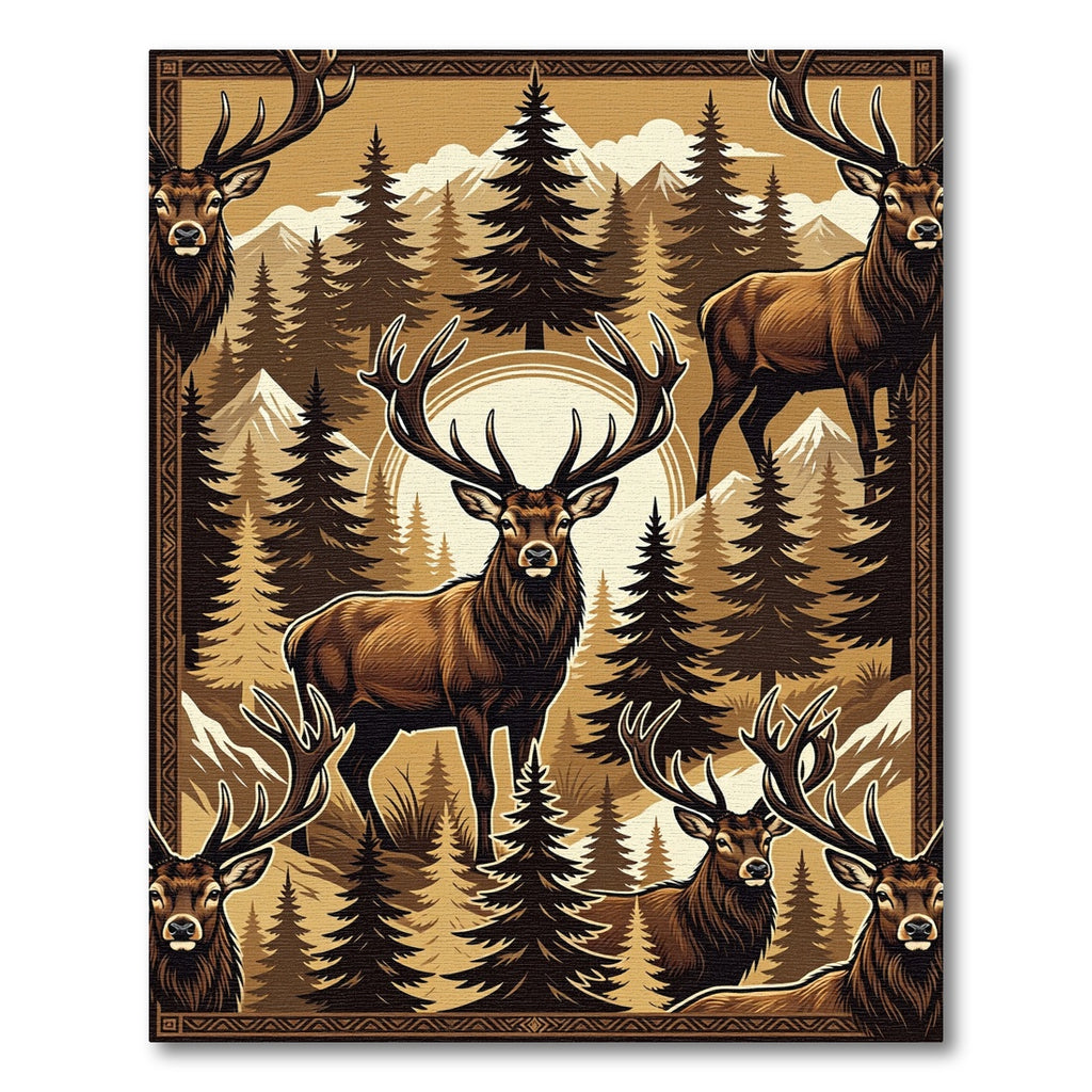 Rustic Brown Elk Mountain Forest Landscape Rug