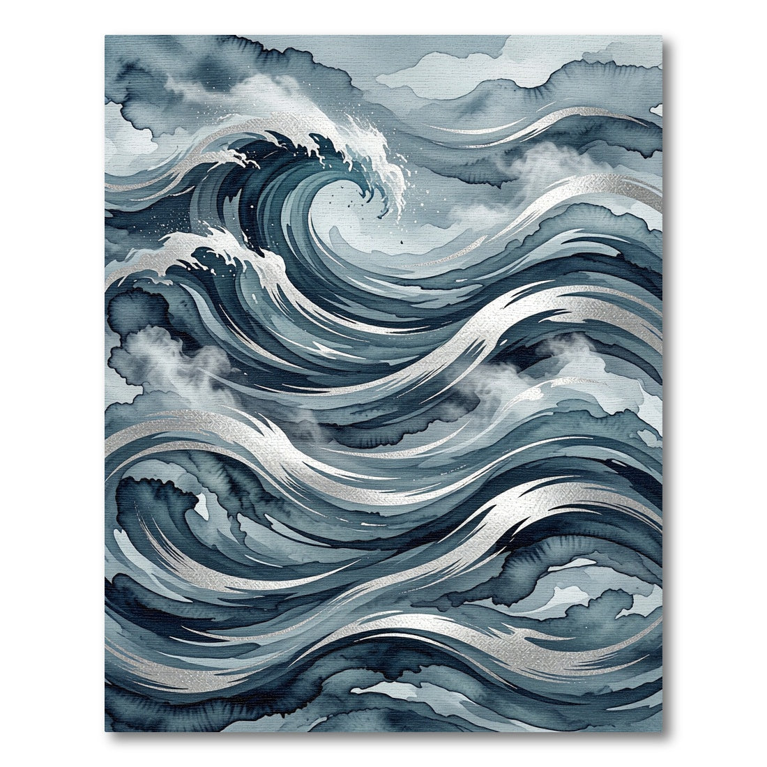Deep Blue Watercolor Ocean Wave Rug