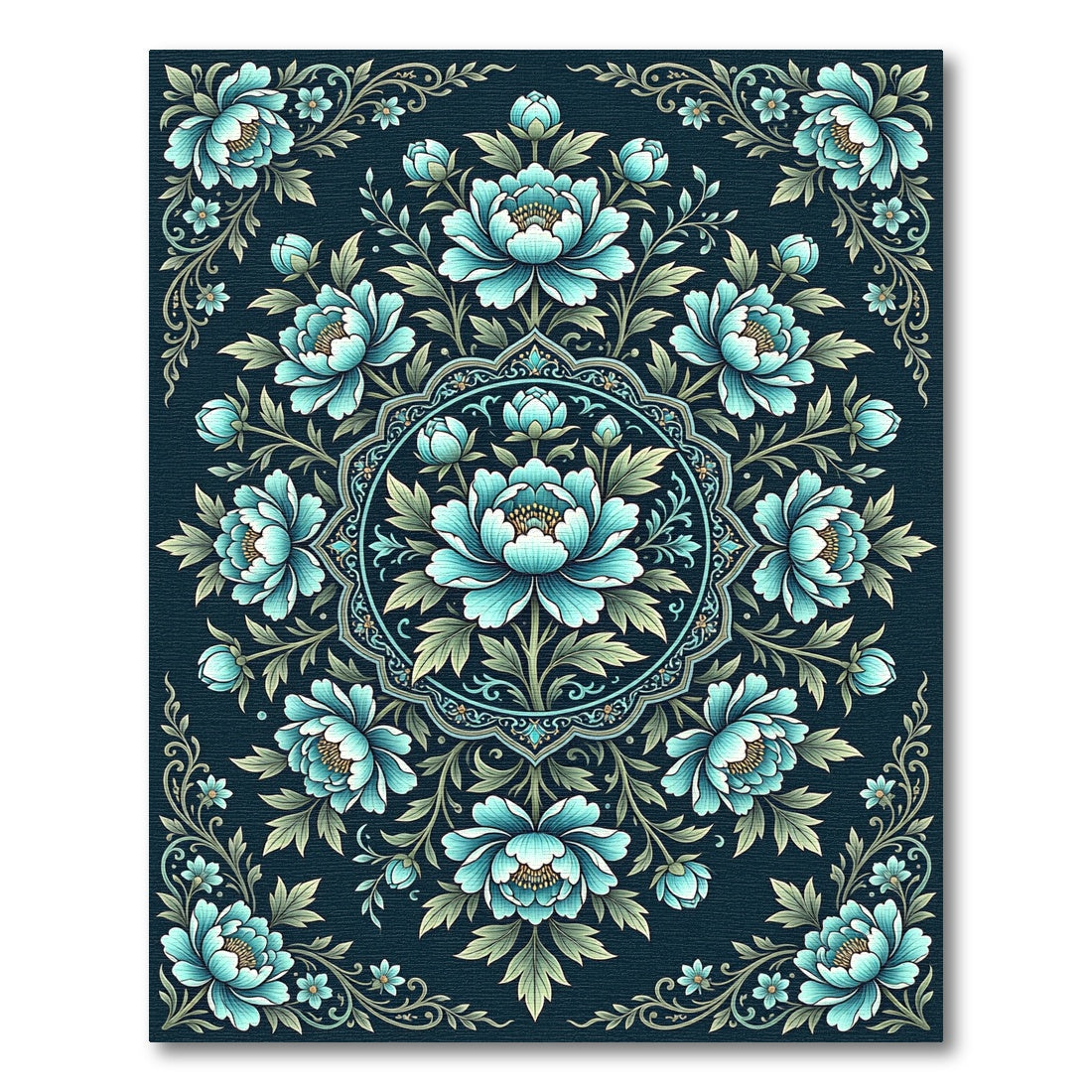Elegant Teal Floral Medallion Symphony Rug
