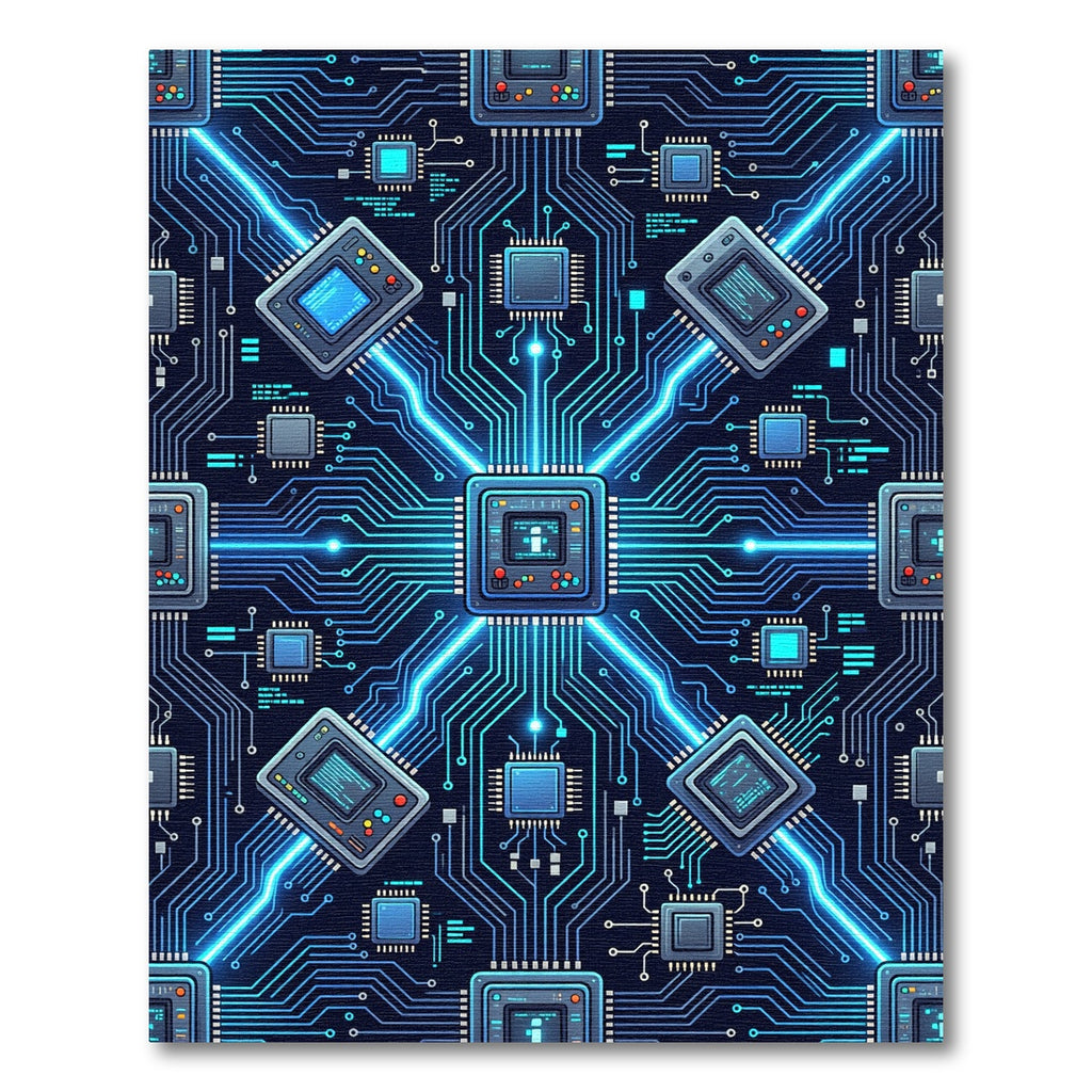 Neon Blue Circuit Board Cyber Grid Rug