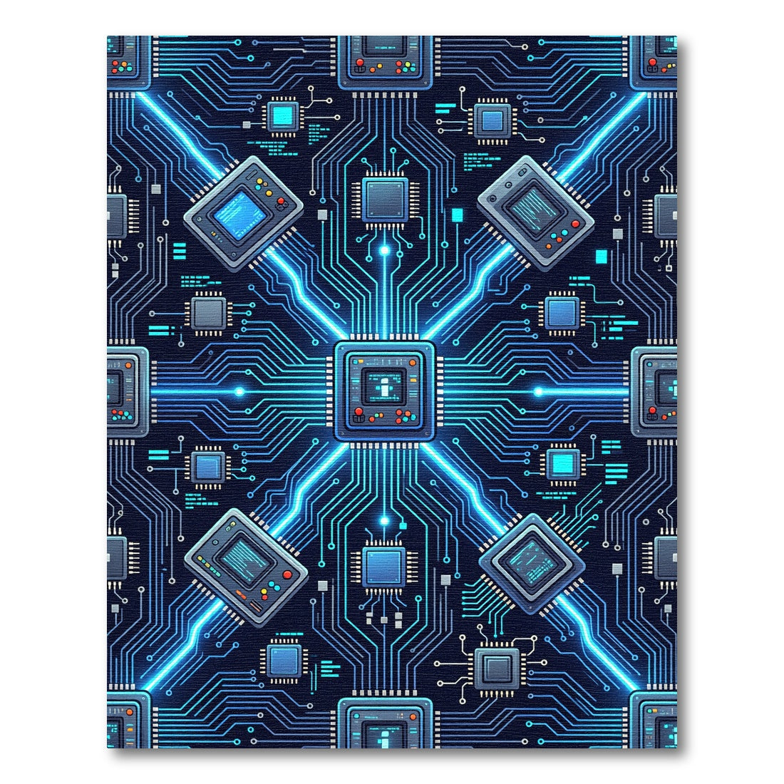 Neon Blue Circuit Board Cyber Grid Rug