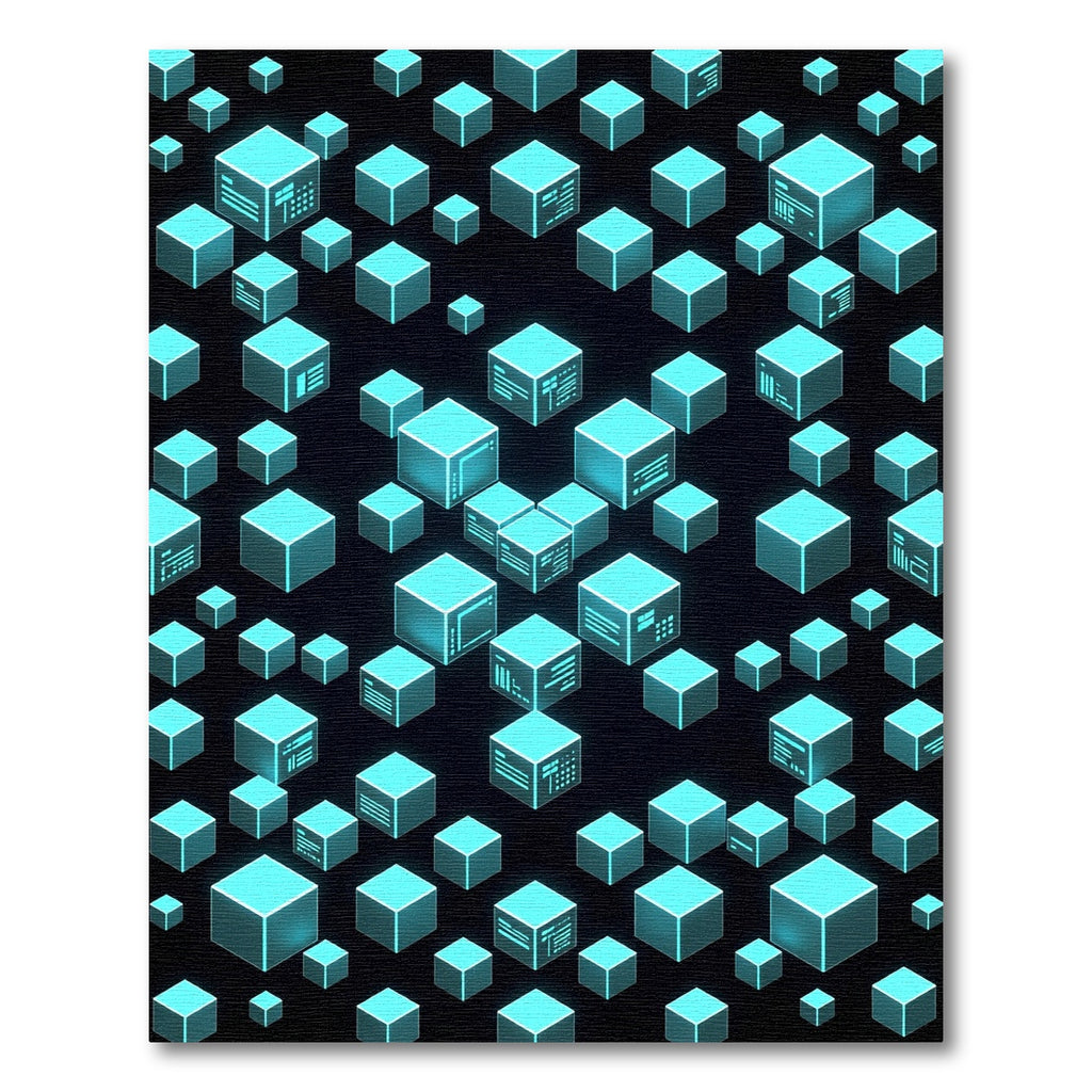 Glowing Cyan Isometric Cyber Cube Grid Rug