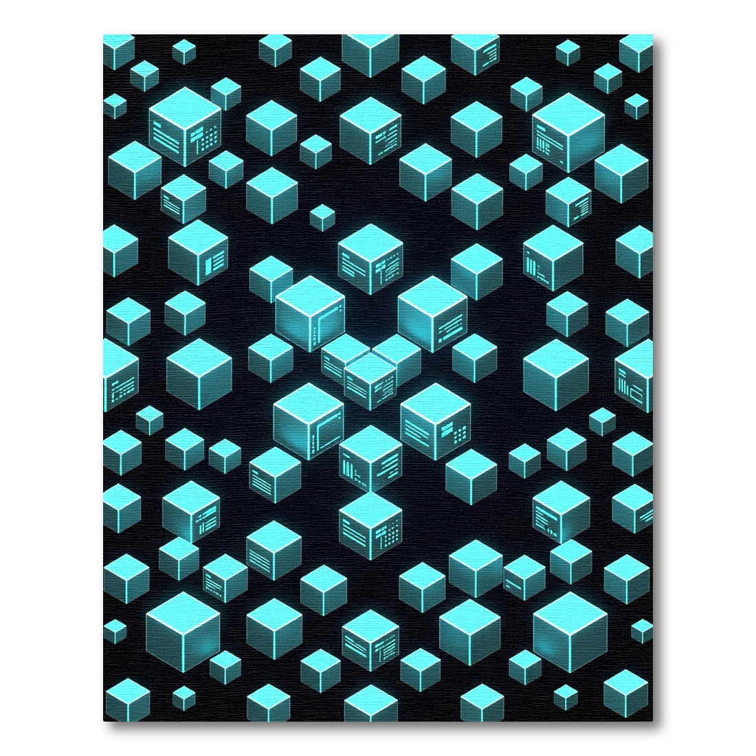 Glowing Cyan Isometric Cyber Cube Grid Rug