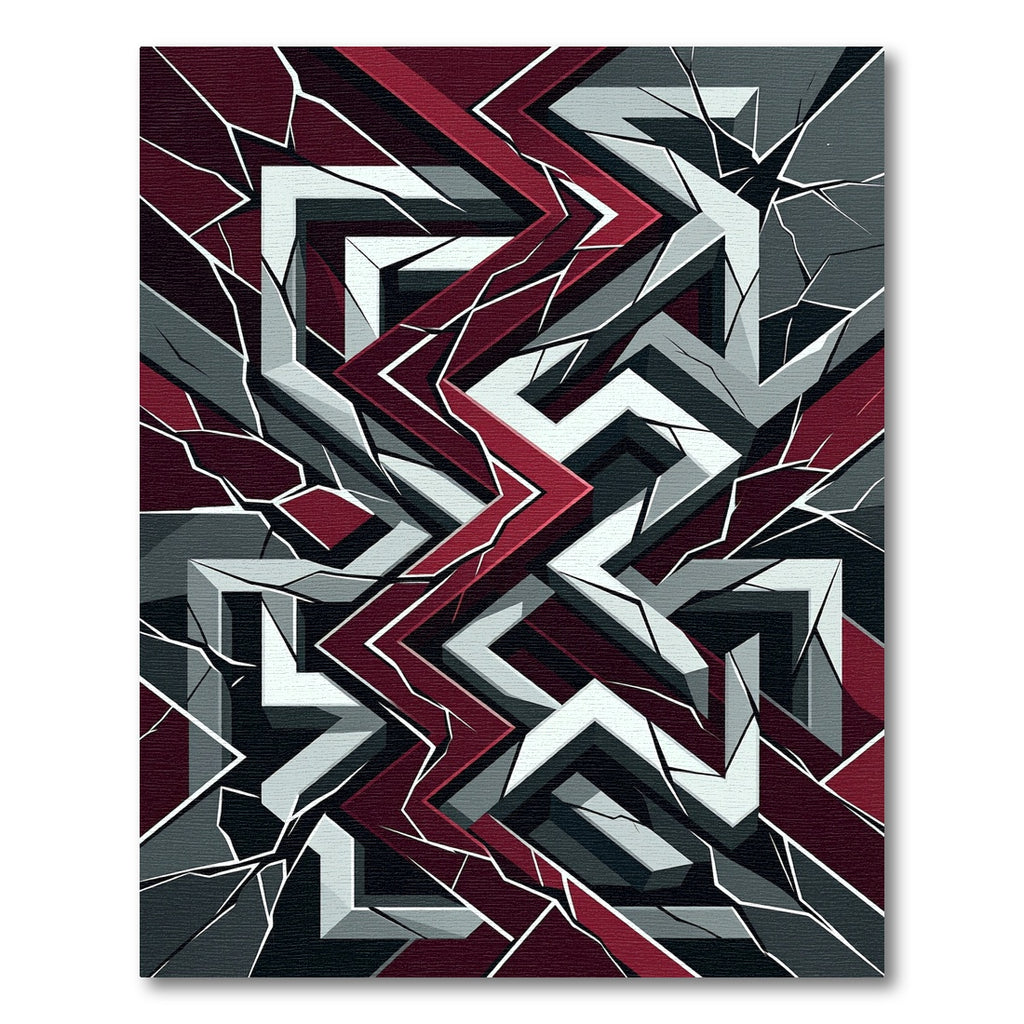 Crimson and Slate Abstract Fractured Geometric Rug