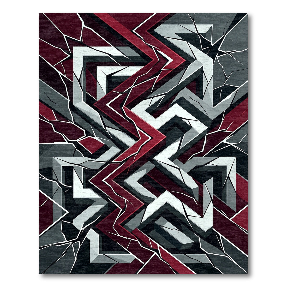 Crimson and Slate Abstract Fractured Geometric Rug