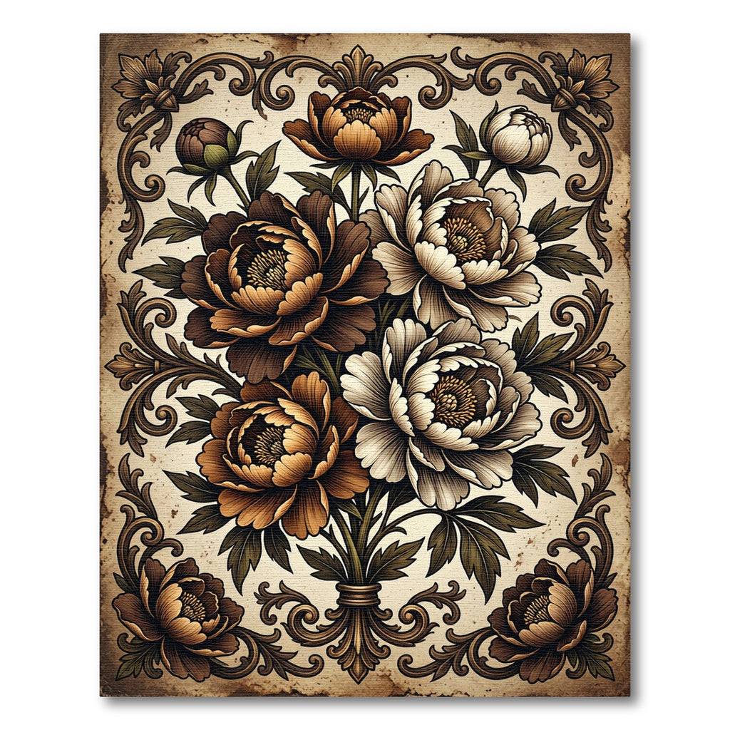 Rich Earthy Peony Floral Scroll Rug